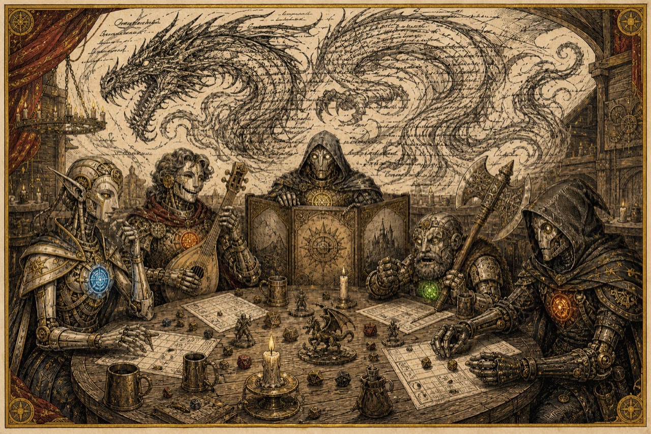 Clockwork automaton adventurers play a tabletop game at a candlelit tavern table while a dragon made of ink and crossed-out script coils overhead.